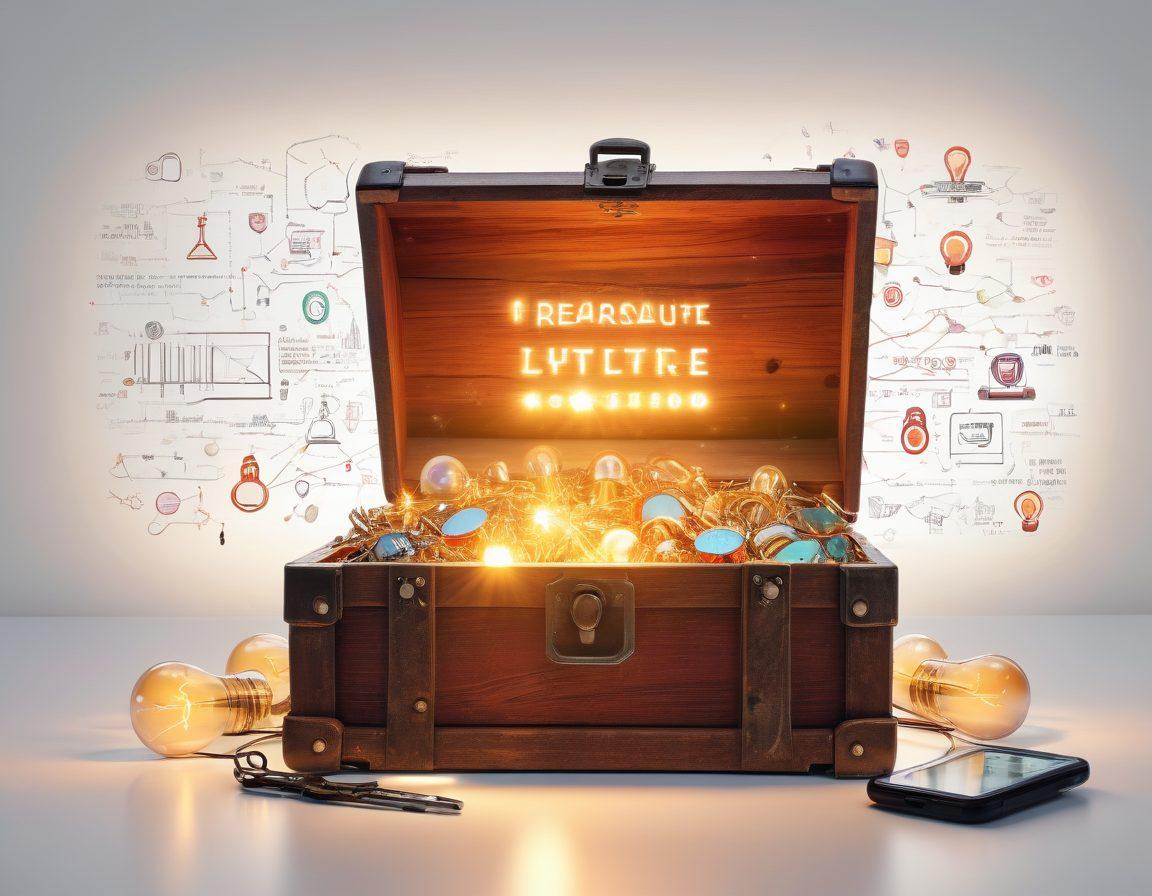 A key unlocking a treasure chest filled with vibrant blogging tools and customer retention strategies, surrounded by glowing light bulbs representing innovative ideas. The background features a digital landscape of graphs and analytics, symbolizing data-driven success. The mood is inspiring and dynamic, inviting the viewer to explore the secrets of LTV. super-realistic. vibrant colors. white background.