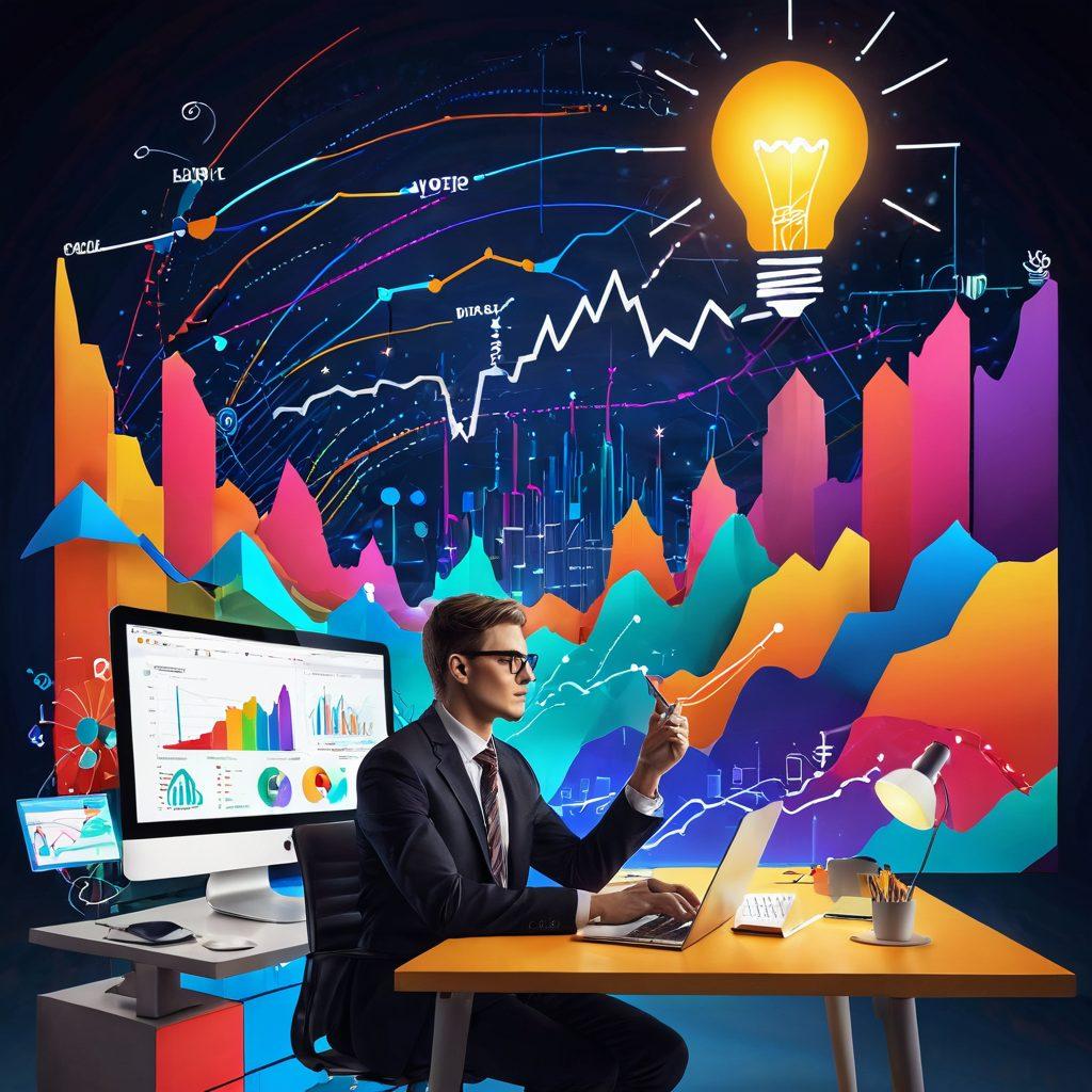 A visionary scene depicting a person at a desk surrounded by vibrant charts and graphs illustrating blog success metrics, with a glowing lightbulb symbolizing innovative strategies above their head. The background features a dynamic digital landscape with engaging content ideas swirling around. The colors are bright and inviting, conveying energy and motivation. super-realistic. vibrant colors. 3D.