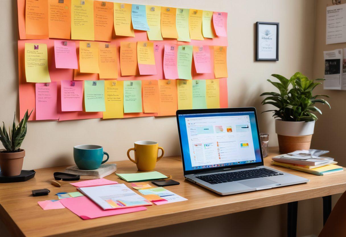 A creative workspace featuring a vibrant desk with a laptop showcasing a blog post titled 'LTV Insights.' Surrounding the laptop are colorful sticky notes and charts illustrating customer loyalty metrics. In the background, a cozy coffee cup and an inspiring poster about content creation adorn the wall. Warm lighting enhances the inviting atmosphere. super-realistic. vibrant colors. cozy ambiance.